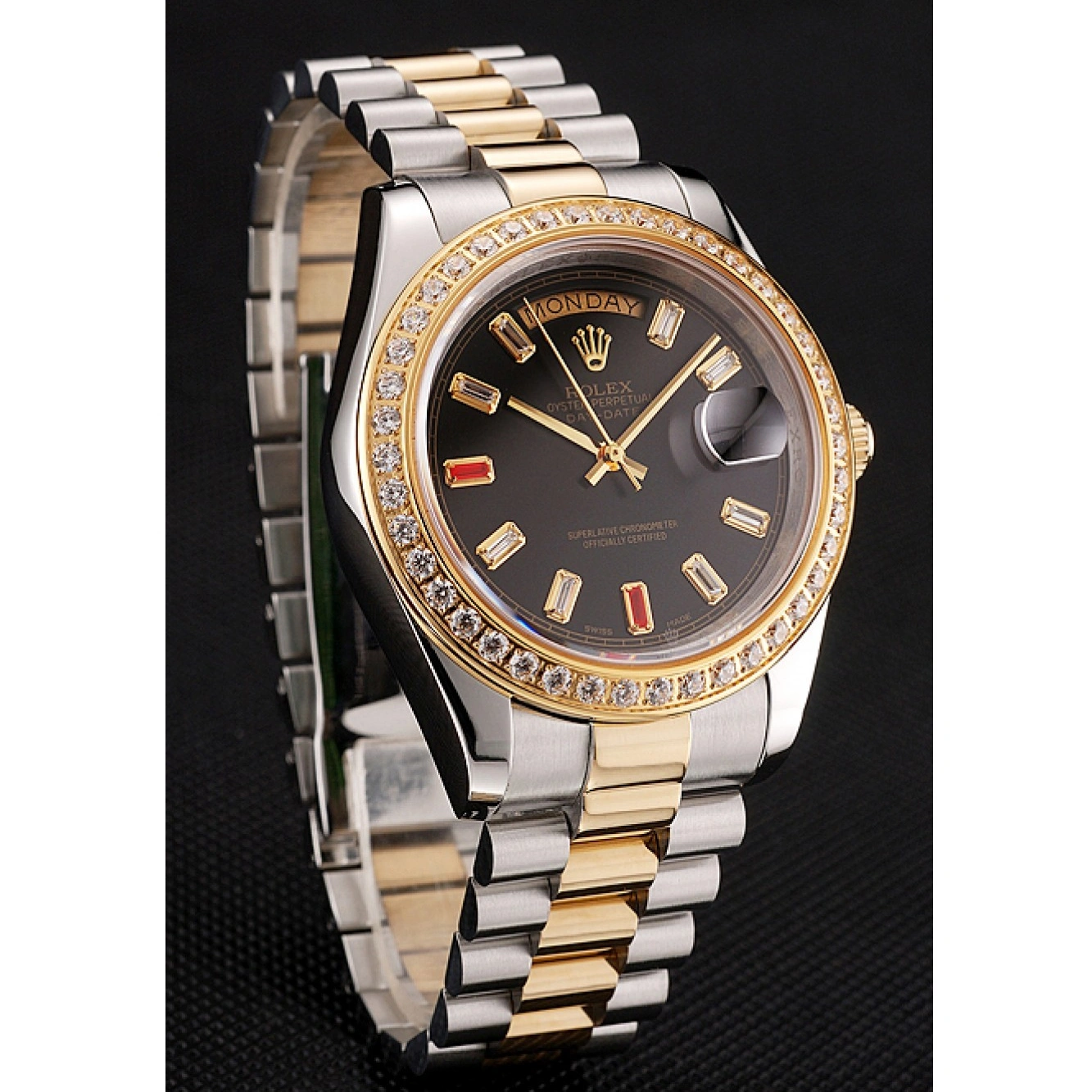 Rolex aaa copy Tone Bracelet Rolex Day-Date Two Black And 1454105 Swiss Dial Rubies Diamonds 1026